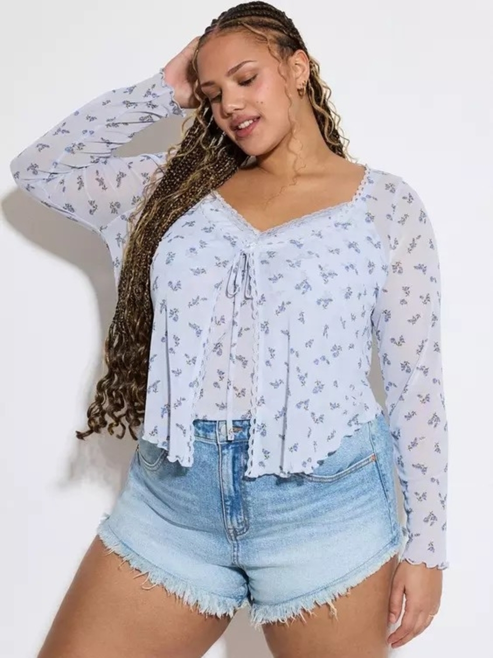 Torrid LoveSick Mesh Flyaway Cardigan In Rosa sprigs floral blue, Size 2x NWT